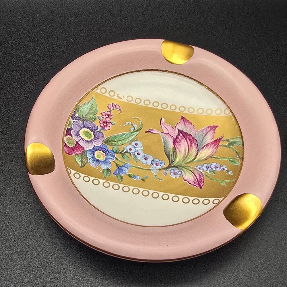 C. Florentine Pink Floral Ashtray Gold Tone Made in Italy